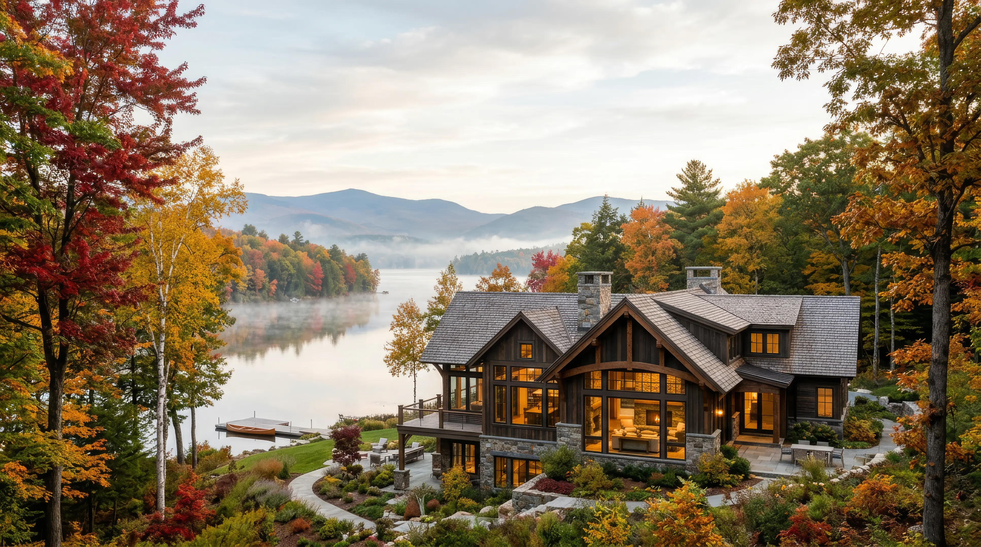Briarcliff custom lakefront estate in fall foliage, Northern New England