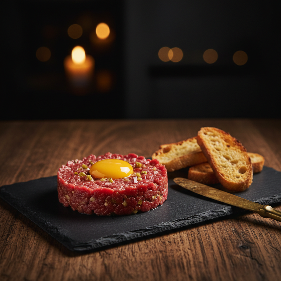 Hand-cut beef tartare with quail egg and sourdough crisps