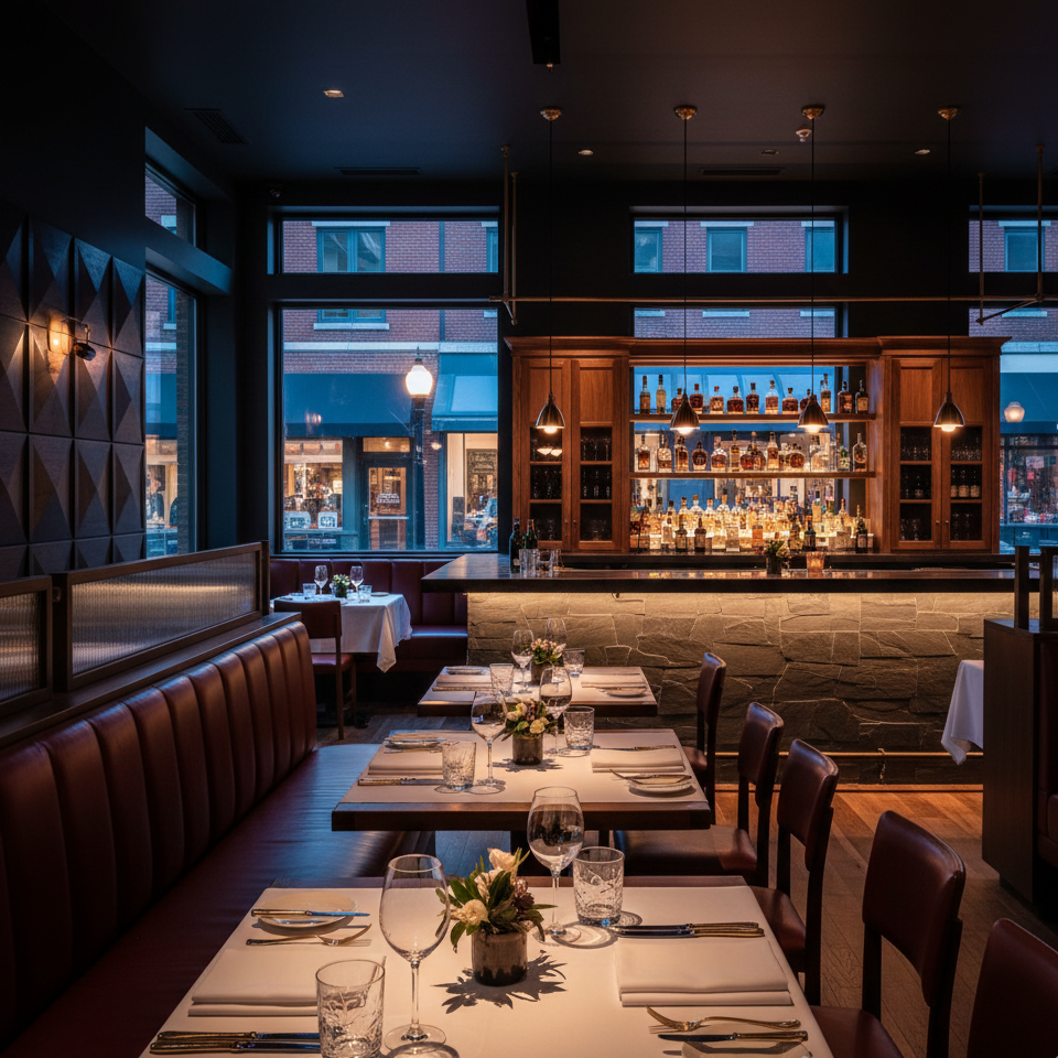 The Starling & Slate dining room at dusk — candlelit tables and a slate-clad bar