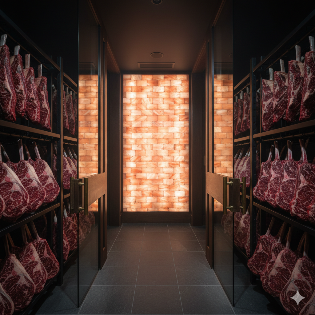 The dry-aging cellar with himalayan salt blocks