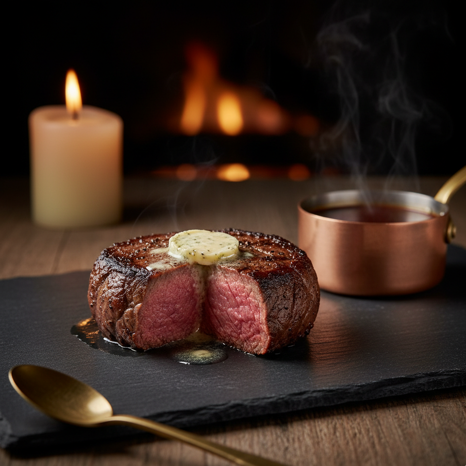 Tenderloin filet mignon wrapped in herb crust, sauce bordelaise