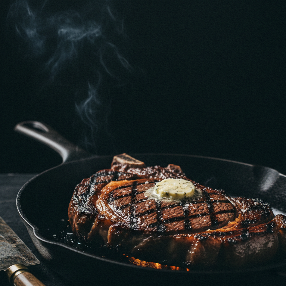 40-day dry-aged ribeye, cross-hatched crust, plated on slate
