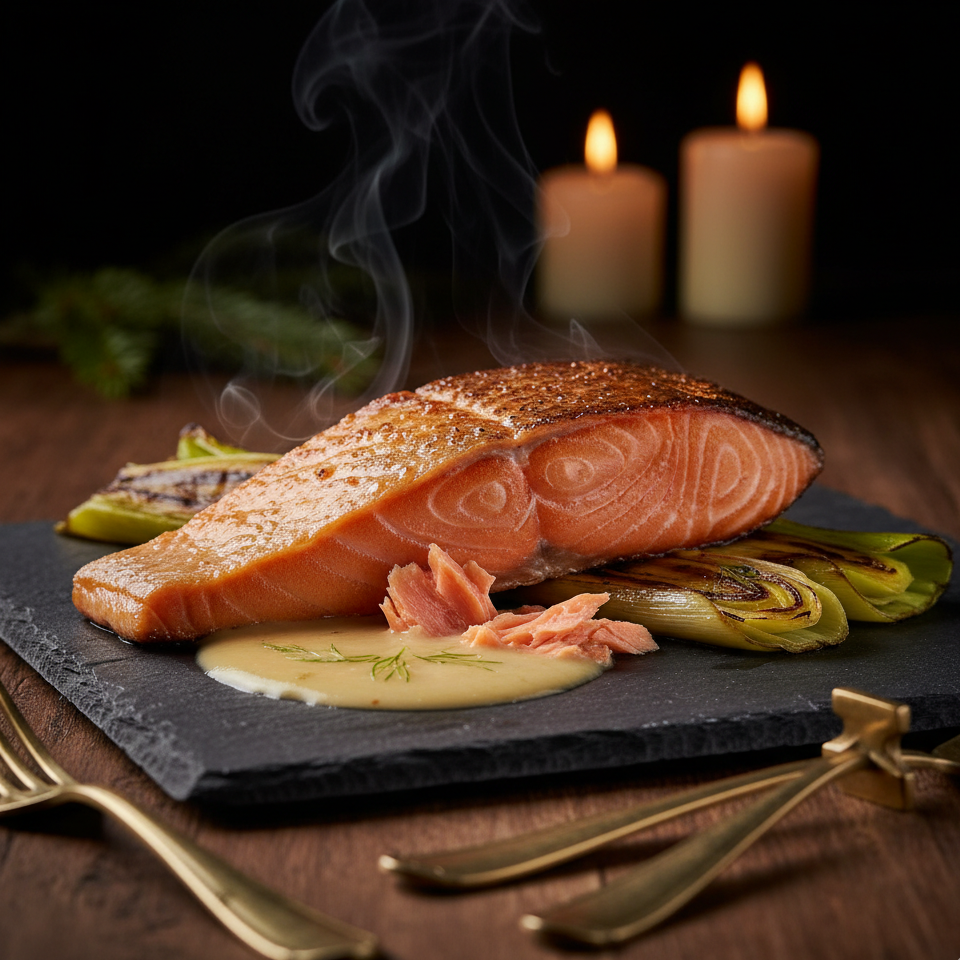 Wild-caught King salmon with charred leek and dill cream