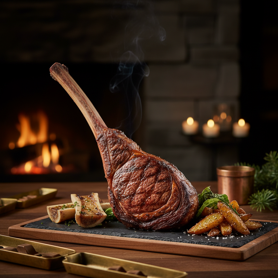 Tomahawk steak on a wooden board with rosemary and garlic