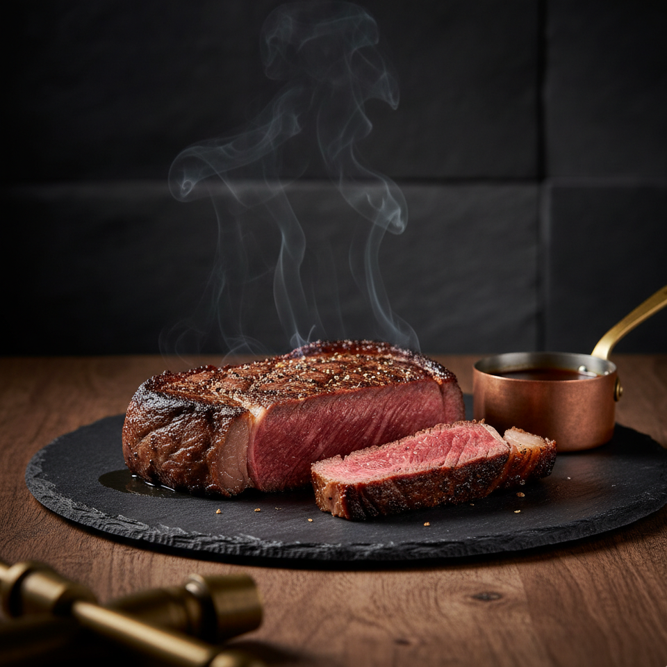 Snake River Farms American Wagyu New York strip, sliced