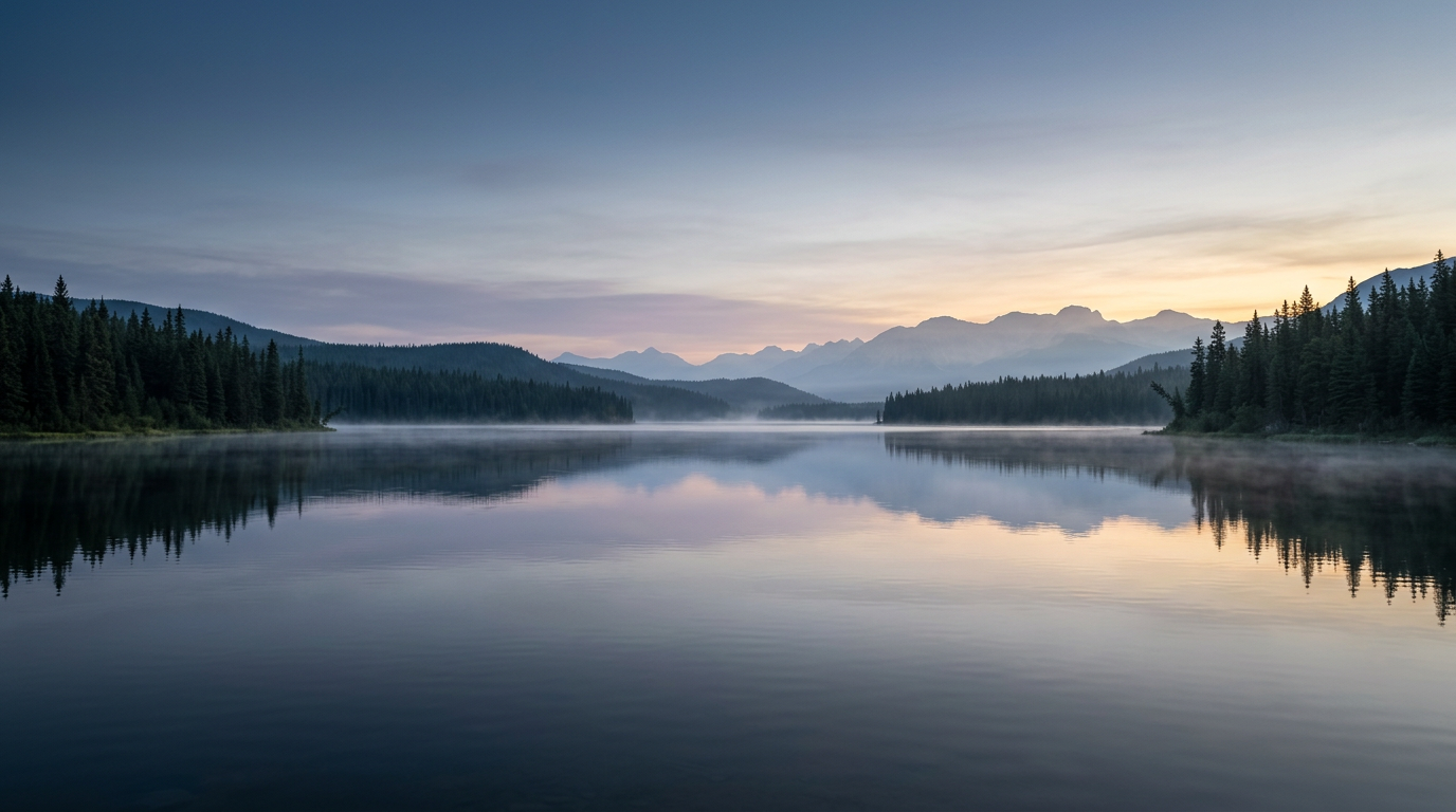 The Meridian at golden hour — mist across the lake