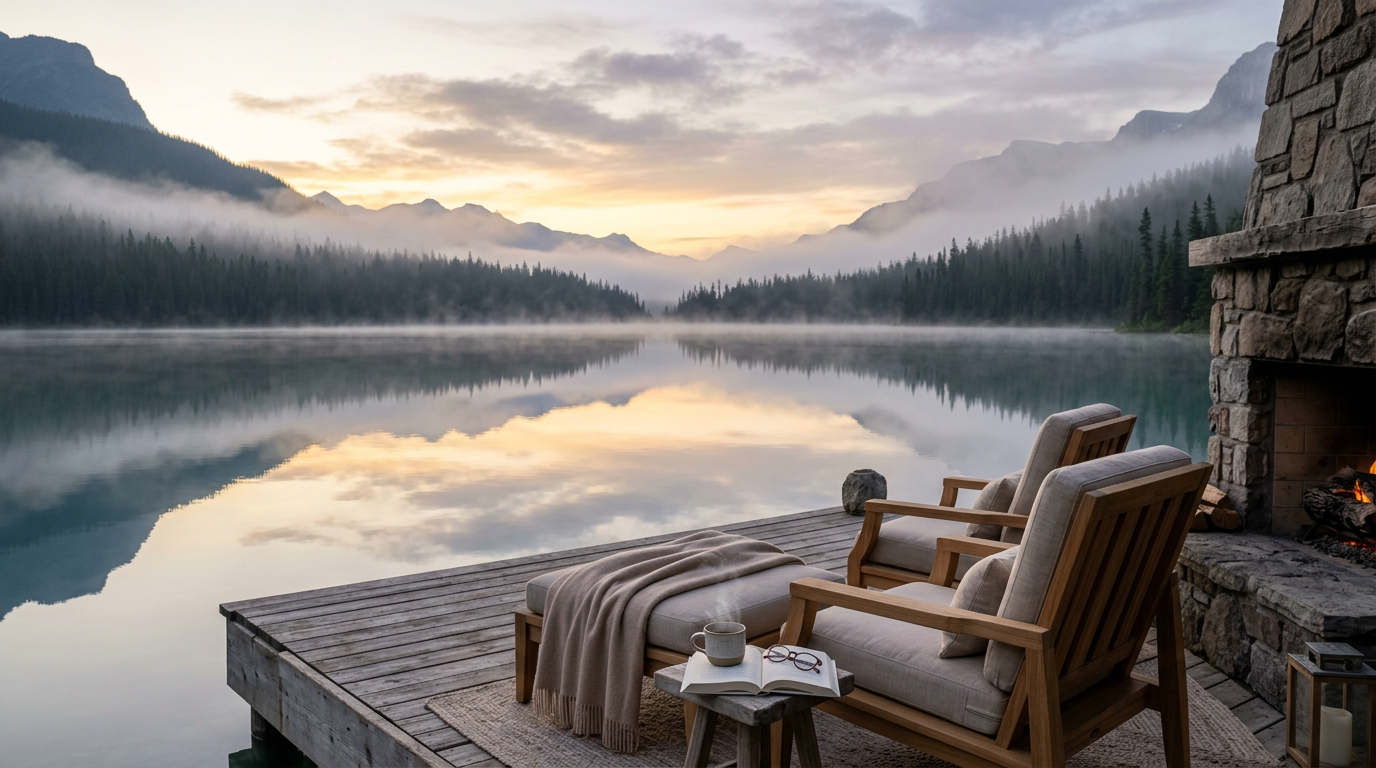 Lakeside terrace at The Meridian, mist over water at dawn